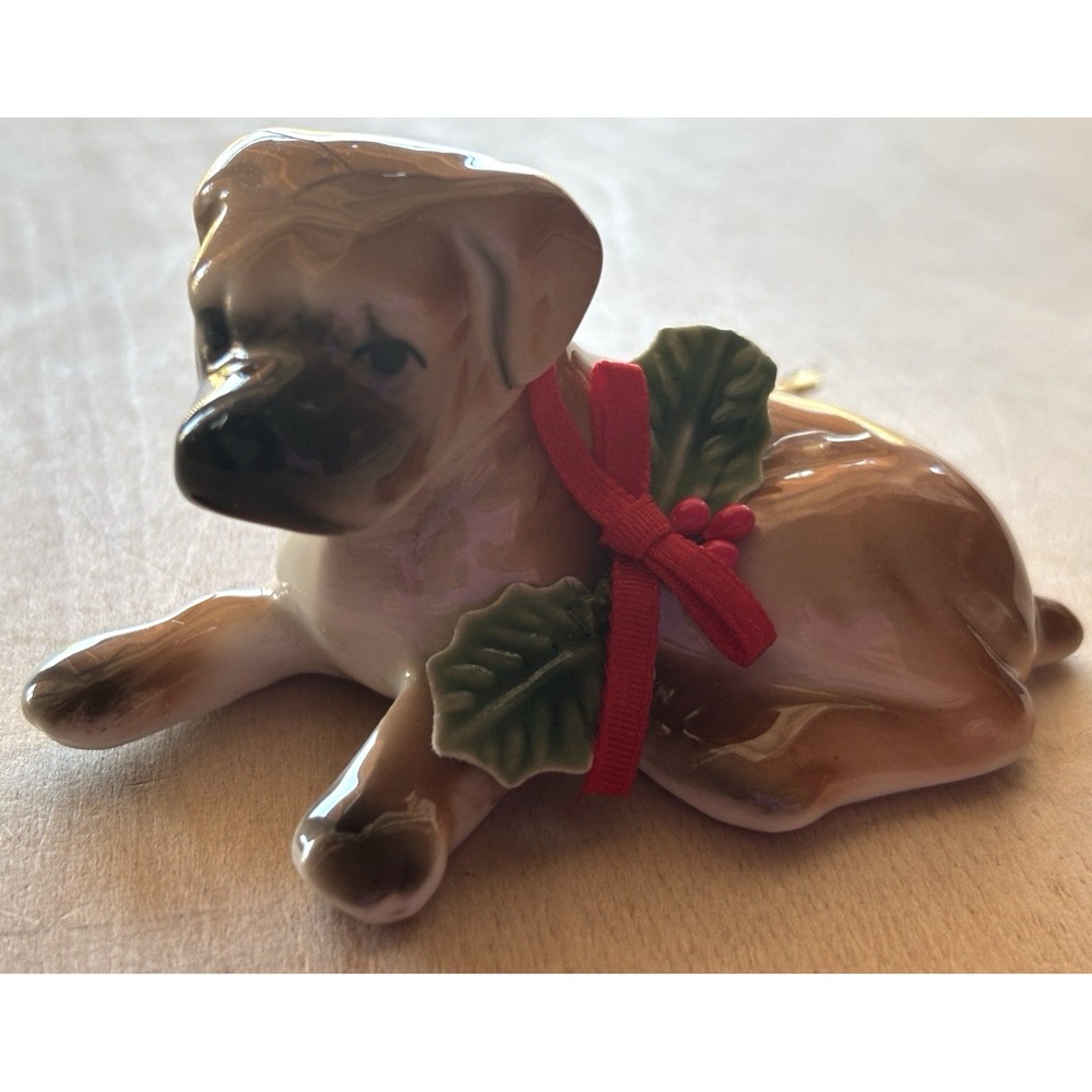 Vintage Enesco Boxer Dog Christmas Ornament Puppy Holly Porcelain
